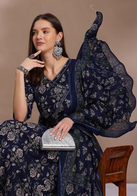 Navy Blue Printed Cotton Anarkali Set