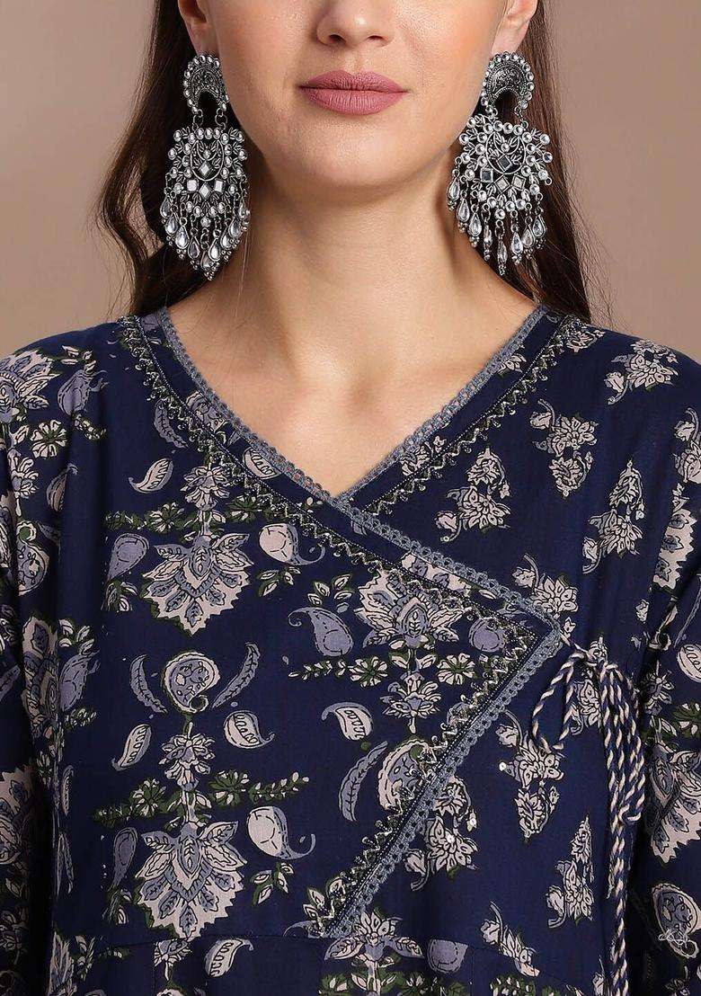 Navy Blue Printed Cotton Anarkali Set - Indya