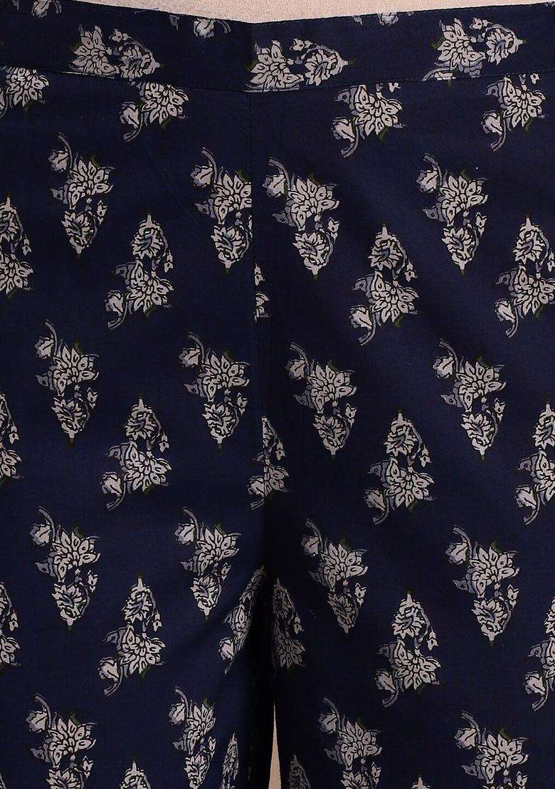 Navy Blue Printed Cotton Anarkali Set - Indya