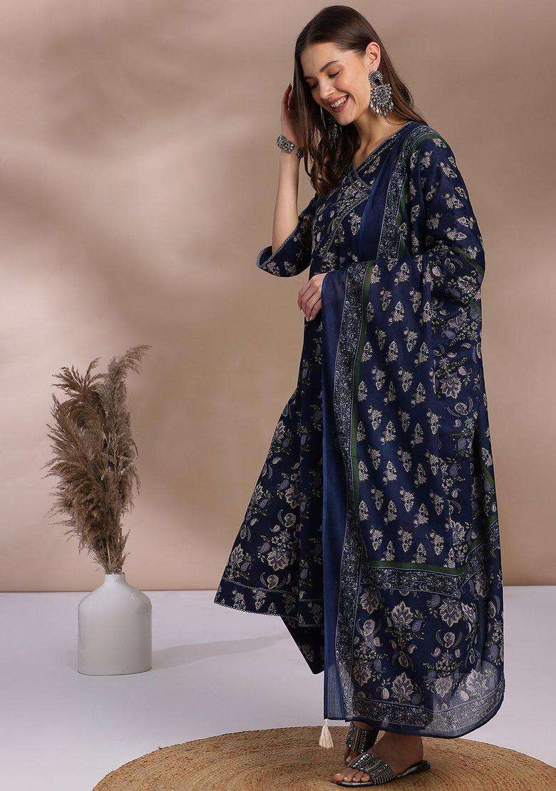 Navy Blue Printed Cotton Anarkali Set - Indya