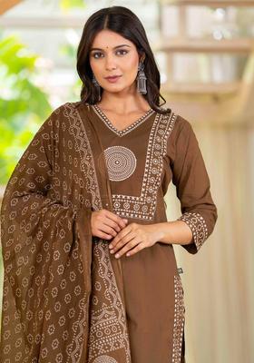 Brown Yoke Design Cotton Kurta Set