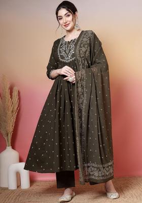Olive Printed Cotton Kurta Set