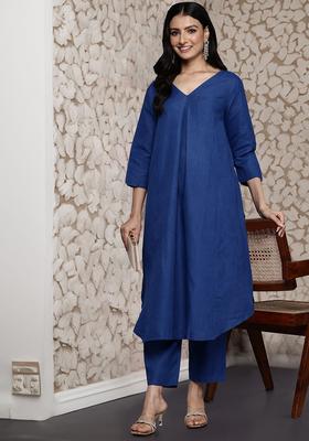 Blue Solid Cotton Kurta Set