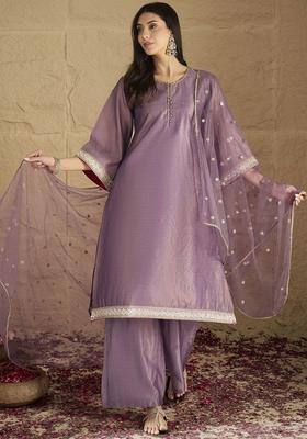 Lavender Solid Silk Kurta Set