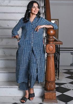 Navy Blue Striped Cotton Kurta Set