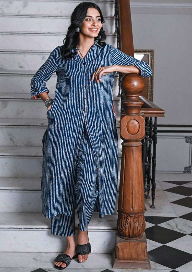 Navy Blue Striped Cotton Kurta Set - Indya