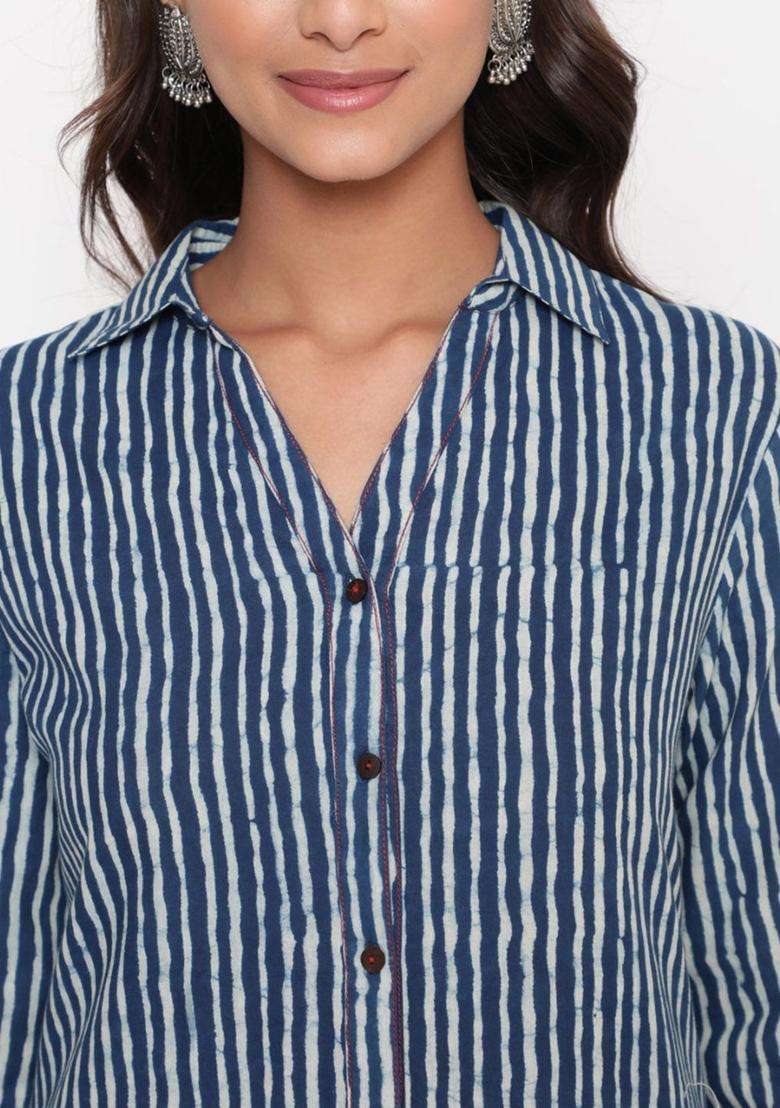 Navy Blue Striped Cotton Kurta Set - Indya