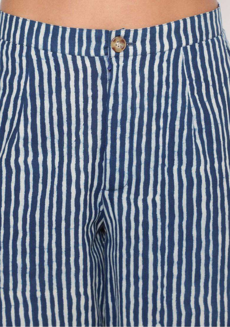 Navy Blue Striped Cotton Kurta Set - Indya