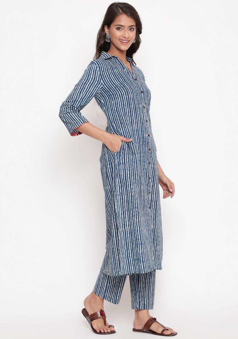 Navy Blue Striped Cotton Kurta Set - Indya