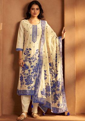 Cream Printed Silk Blend Kurta Set