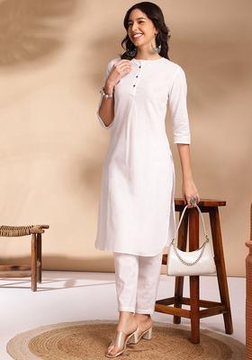 White Solid Cotton Kurta Set