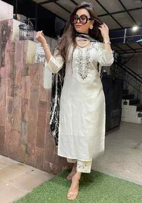 Cream Embroidered Viscose Kurta Set