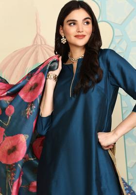 Navy Blue Solid Silk Kurta Set