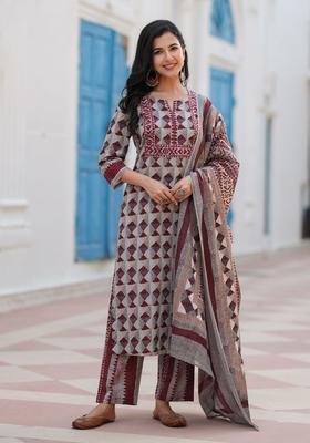 Rust Printed Cotton Kurta Set