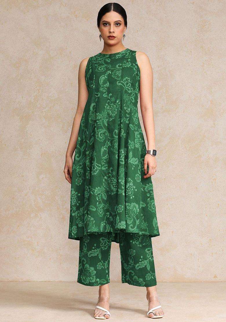 Green Printed Cotton Anarkali Set - Indya