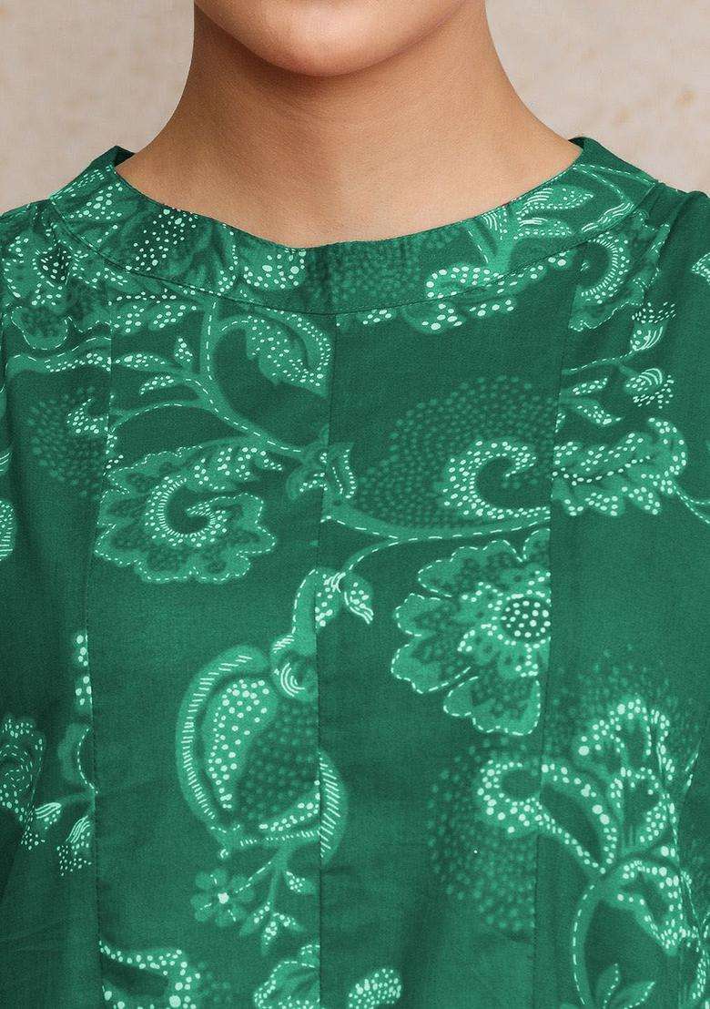 Green Printed Cotton Anarkali Set - Indya