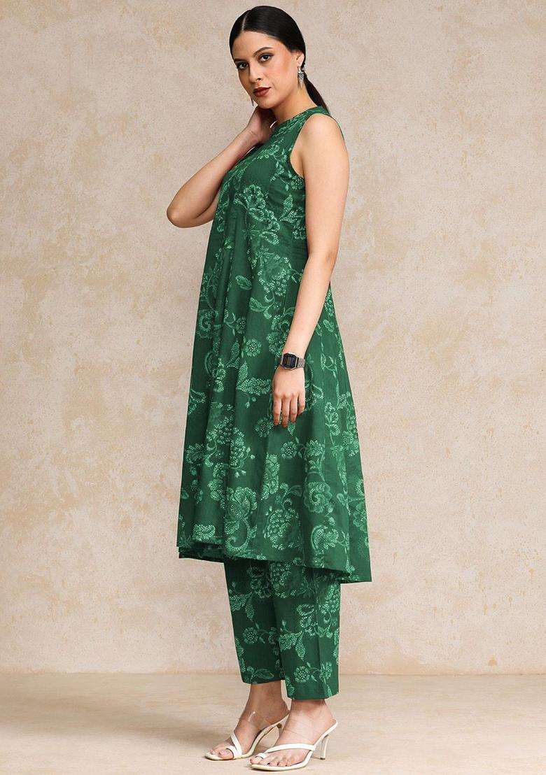 Green Printed Cotton Anarkali Set - Indya