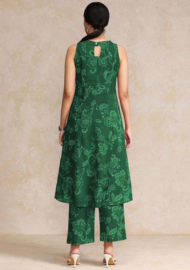Green Printed Cotton Anarkali Set - Indya