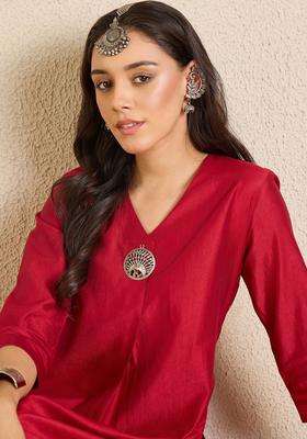 Red Solid Liva Kurta Set
