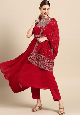 Red Embroidered Georgette Kurta Set