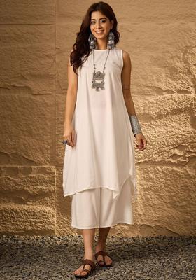 White Solid Viscose Kurta Set