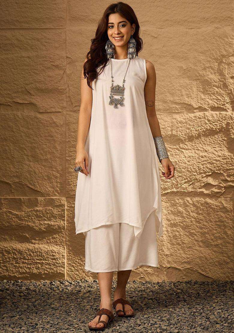 White Solid Viscose Kurta Set - Indya
