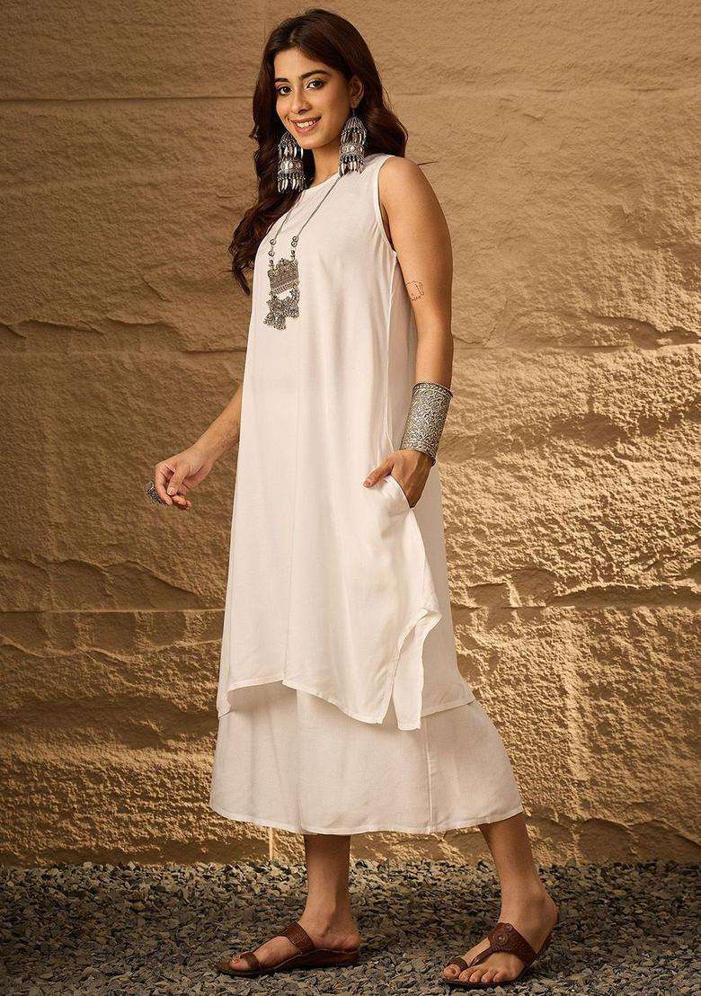White Solid Viscose Kurta Set - Indya