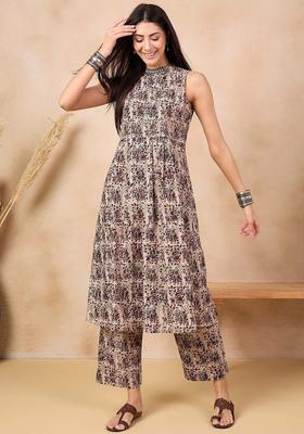 Beige Printed Cotton Kurta Set
