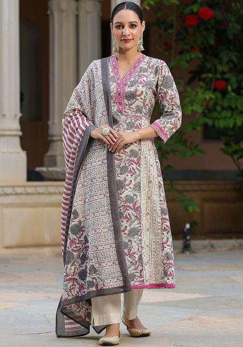 Rose Printed Cotton Kurta Set