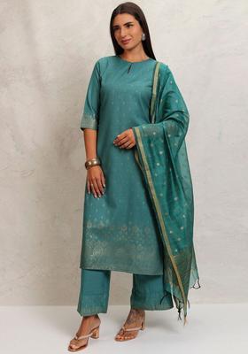 Green Printed Polyester Kurta Set