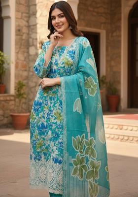 Turquoise Blue Printed Cotton Kurta Set
