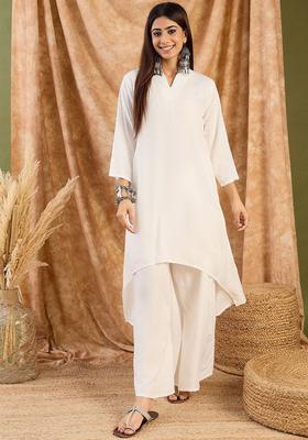 White Solid Viscose Kurta Set