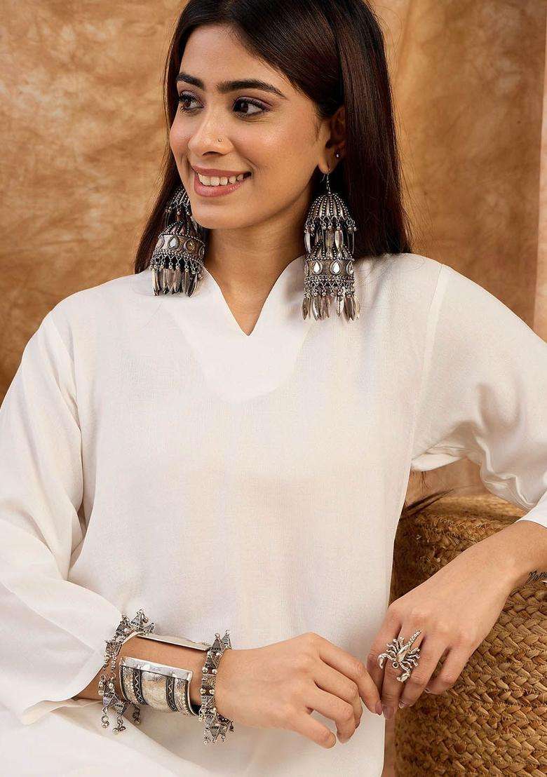 White Solid Viscose Kurta Set - Indya