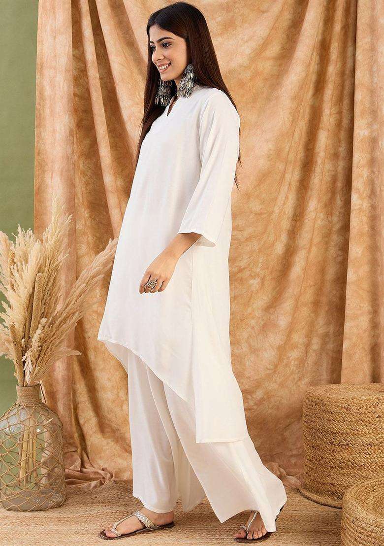 White Solid Viscose Kurta Set - Indya