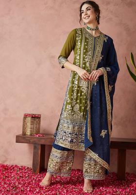 Olive Embroidered Georgette Kurta Set