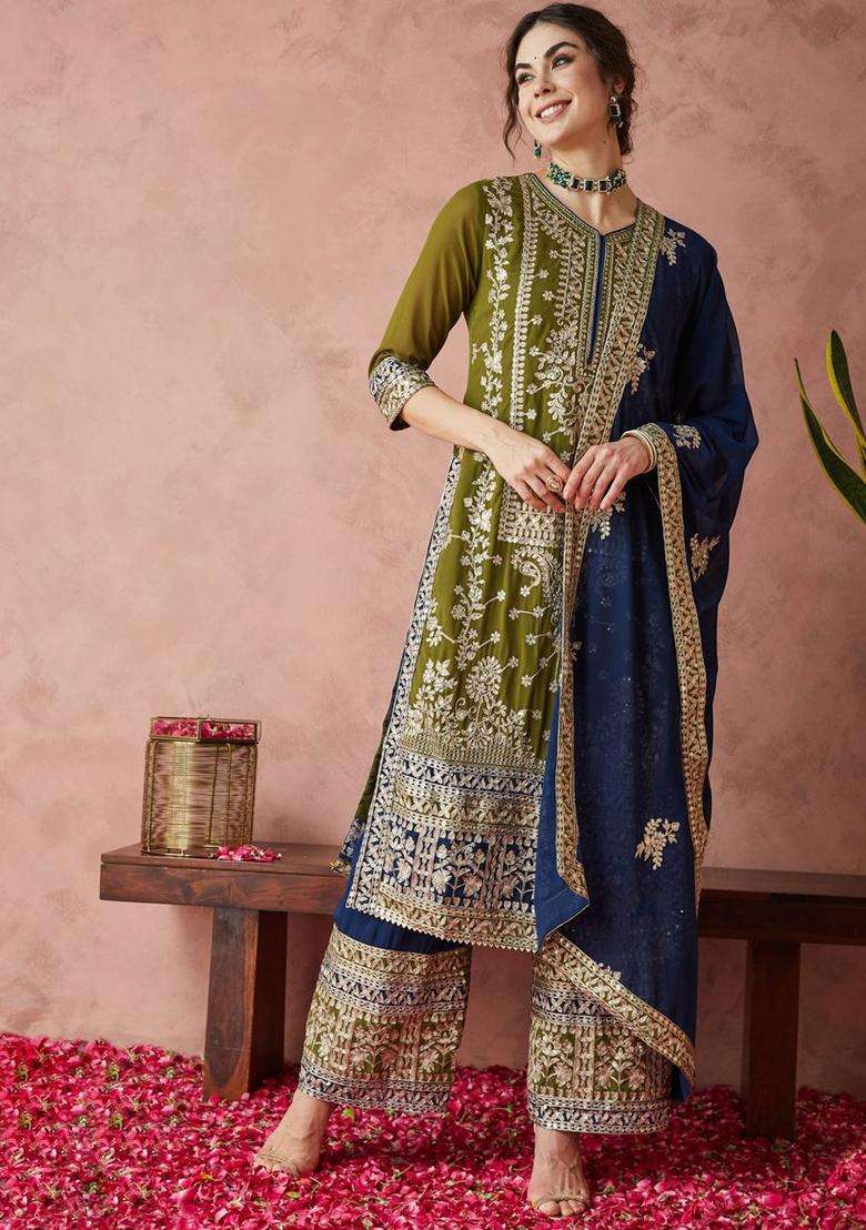 Olive Embroidered Georgette Kurta Set - Indya