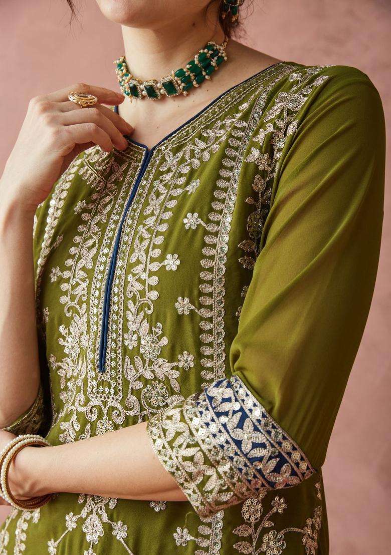 Olive Embroidered Georgette Kurta Set - Indya
