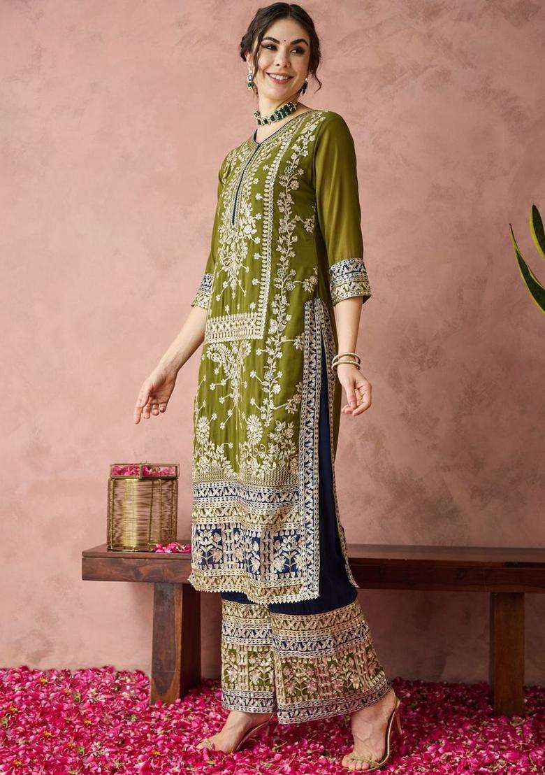 Olive Embroidered Georgette Kurta Set - Indya
