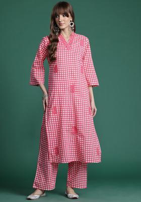 Pink Checked Cotton Kurta Set