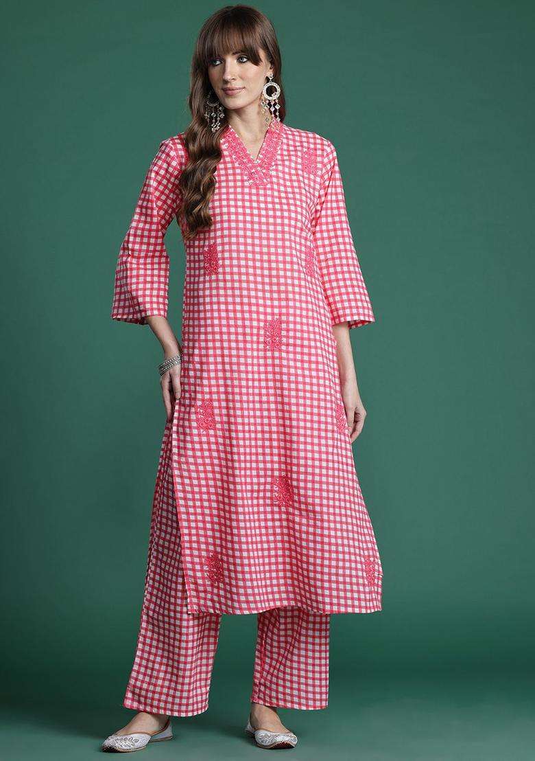 Pink Checked Cotton Kurta Set - Indya