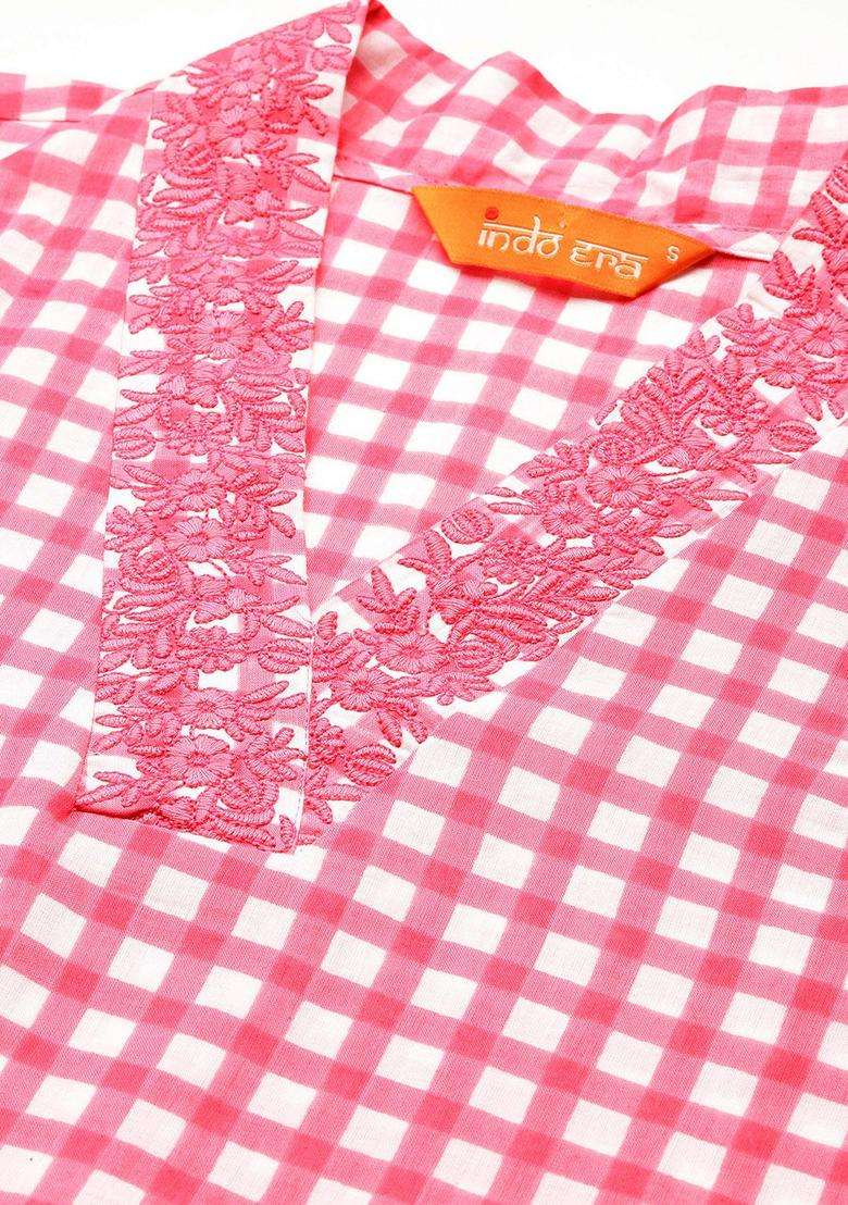 Pink Checked Cotton Kurta Set - Indya
