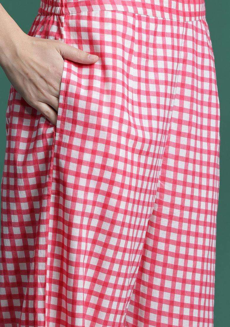 Pink Checked Cotton Kurta Set - Indya