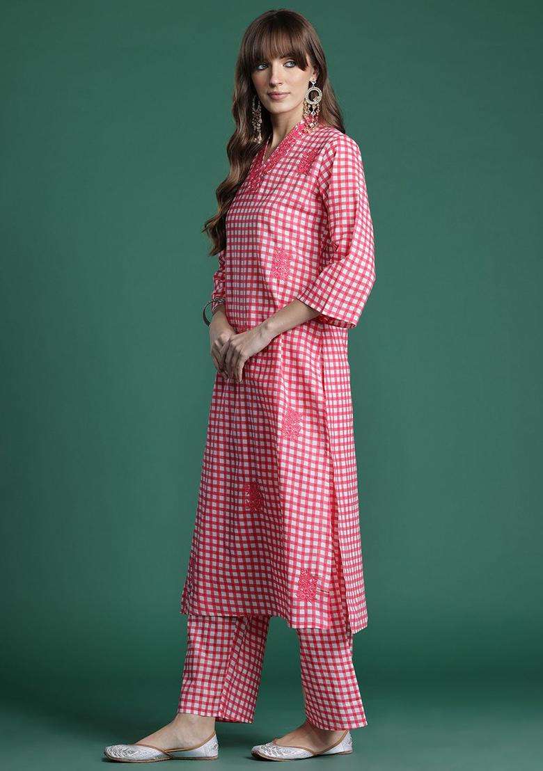 Pink Checked Cotton Kurta Set - Indya