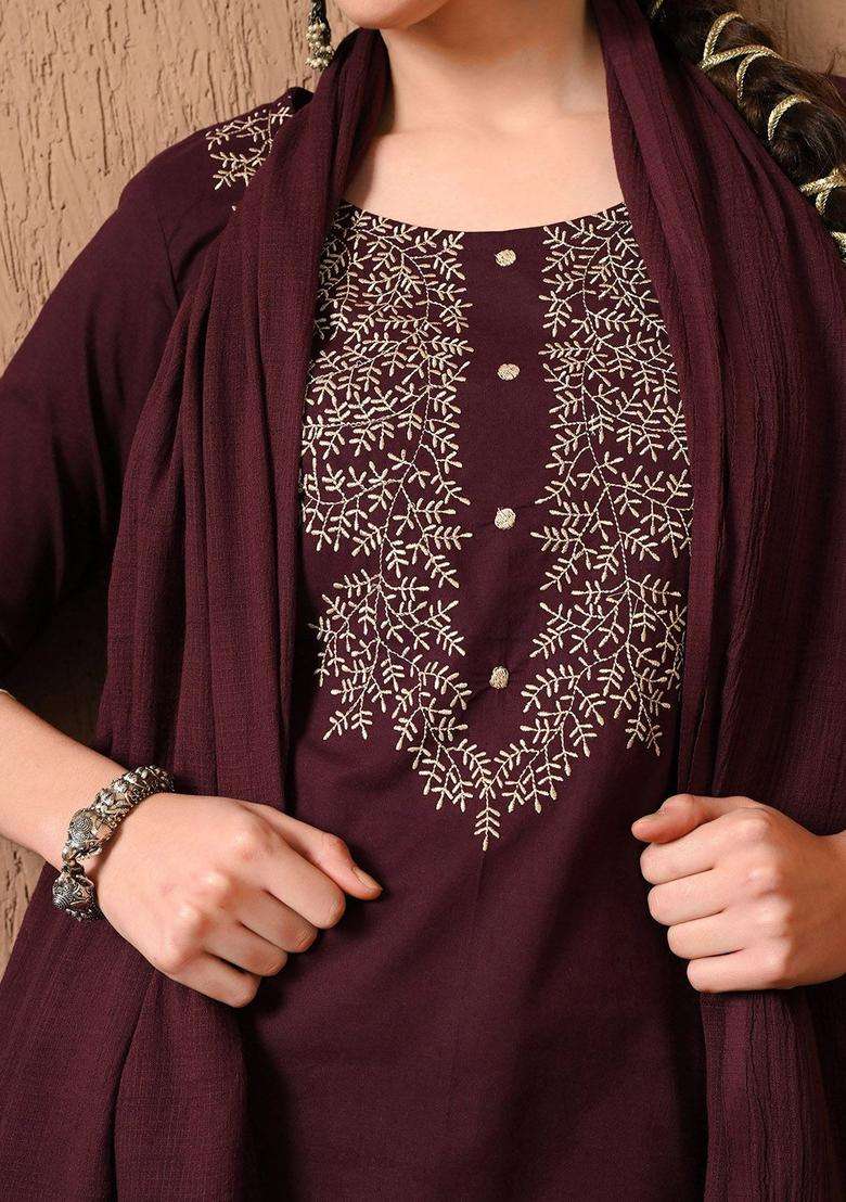 Burgundy Solid Cotton Kurta Set - Indya