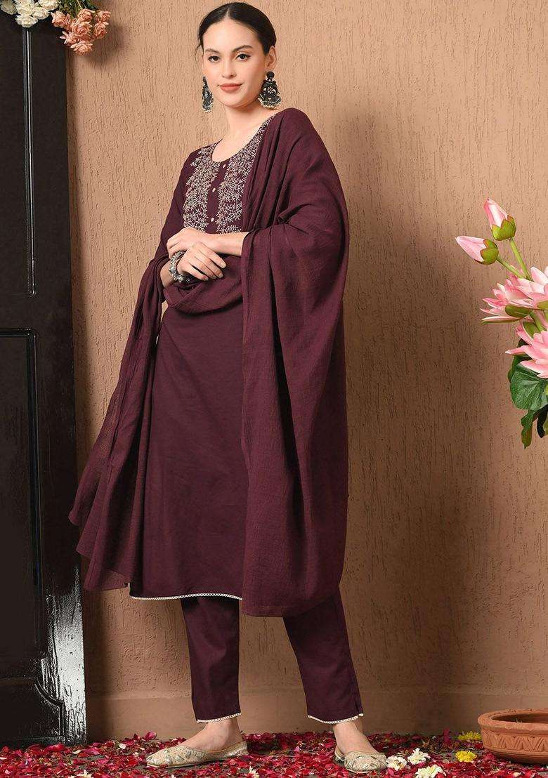 Burgundy Solid Cotton Kurta Set - Indya