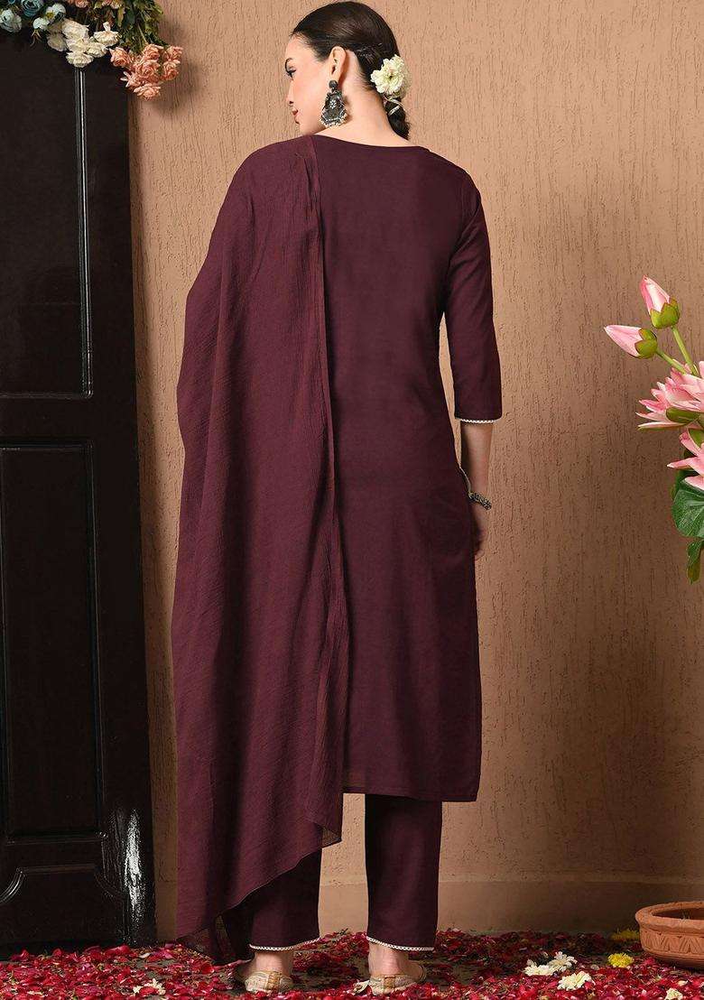Burgundy Solid Cotton Kurta Set - Indya