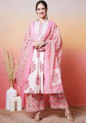 White Printed Cotton Kurta Set