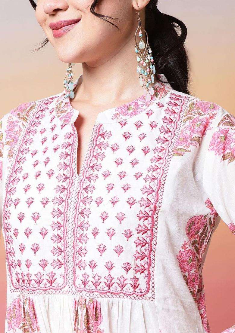 White Printed Cotton Kurta Set - Indya