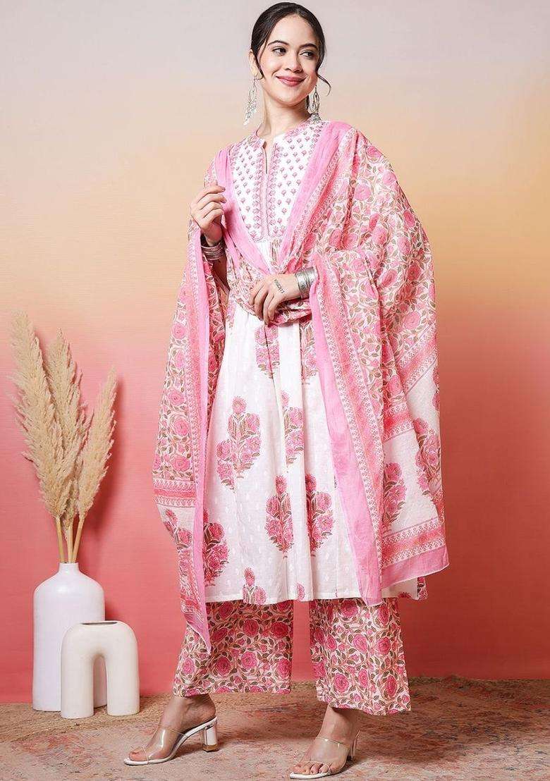White Printed Cotton Kurta Set - Indya