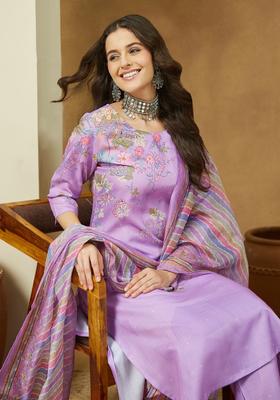 Lavender Printed Cotton Kurta Set